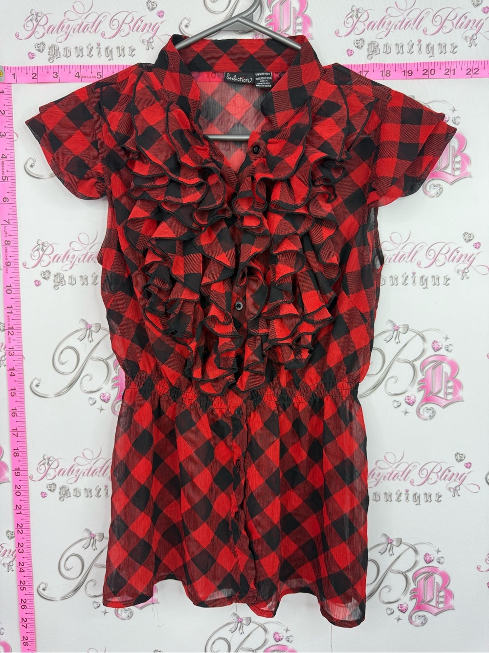 Seductions shirt y2k Red Plaid Ruffle Front Blouse ruffles